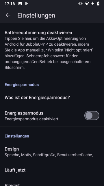 Screenshot BubbleUPnP, Batterieoptimierung