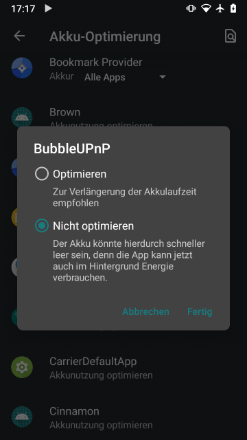 Screenshot BubbleUPnP, Akku-Optimierung