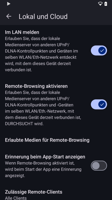 UPnP/DLNA media server settings