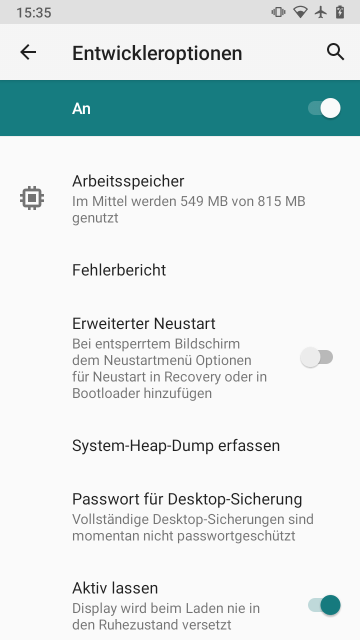 Screenshot Einstellungen, Entwickleroptionen, Aktiv lassen
