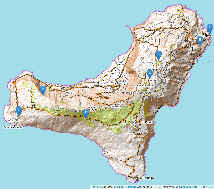 Karte von El Hierro mit meinen Übernachtungen