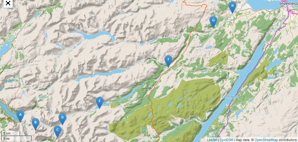 Karte der Tour mit Übernachtungen