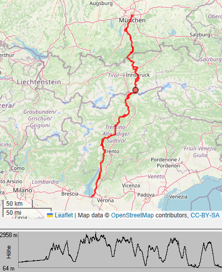 Karte der Alpenquerung mit H&ouml;henprofil